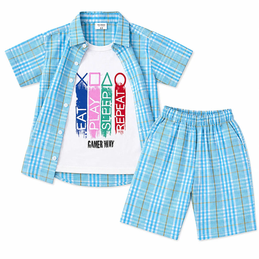 Sky blue check gamer way print summer coord set for boys, size 1-12 years, featuring a matching top and shorts from lilcubspk.