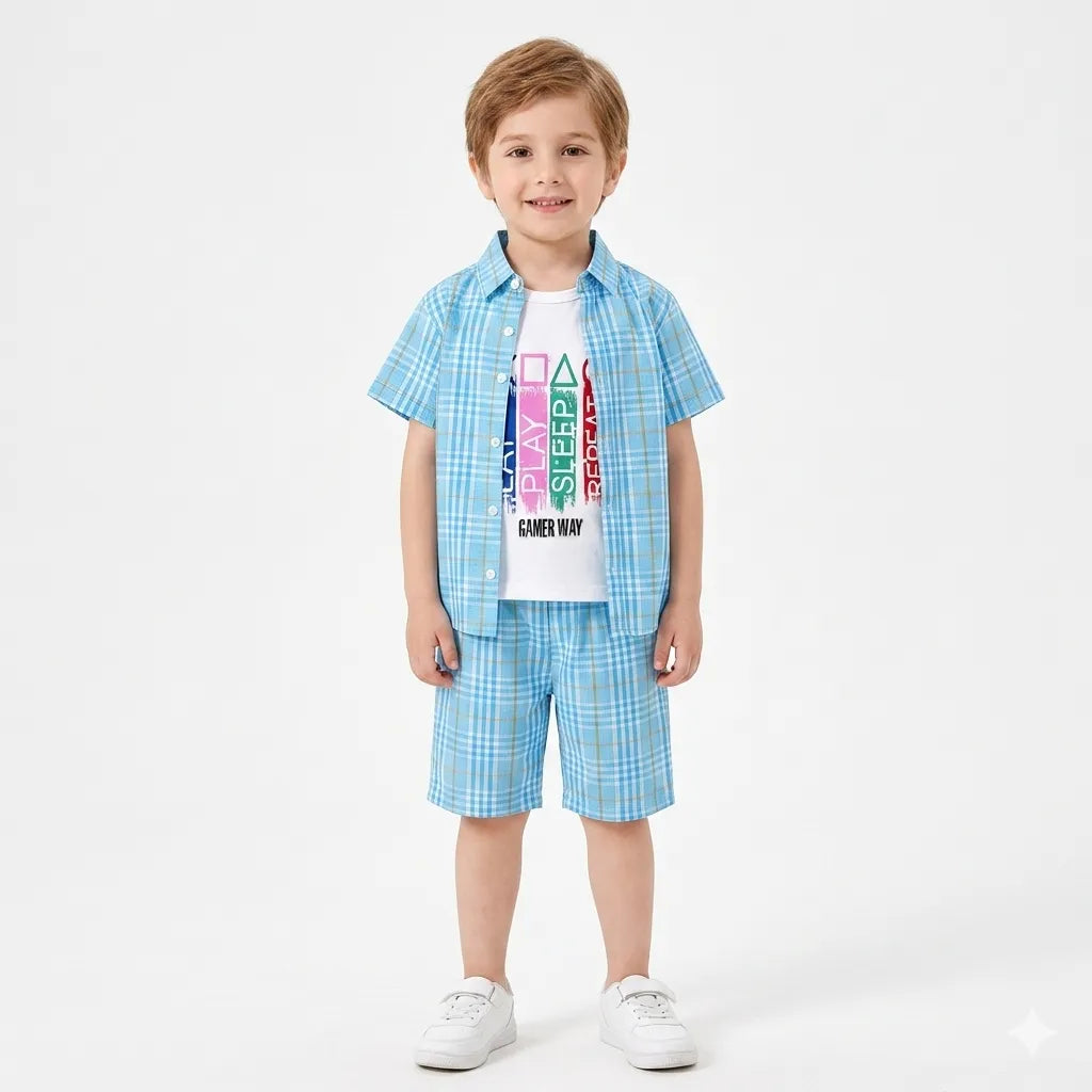 Sky Blue Check Gamer Way Print Summer Coord Set for Boys (1 - 12 Years)
