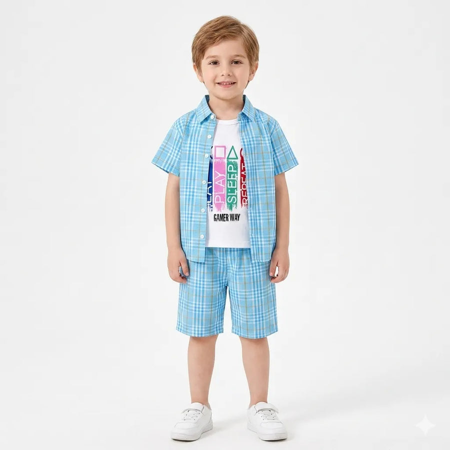 Sky blue check gamer style summer coord set for boys aged 1-12 from lilcubspk, featuring playful print and lightweight fabric.