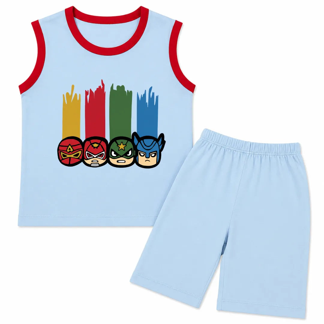 Boy wearing sky blue super hero print summer coord set by LilCubsPK, featuring a T-shirt and shorts for ages 1 to 12 years.