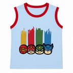 Sky blue boys' super hero print summer 2-piece coord set by lilcubspk for ages 1-12 years, featuring a matching top and shorts.