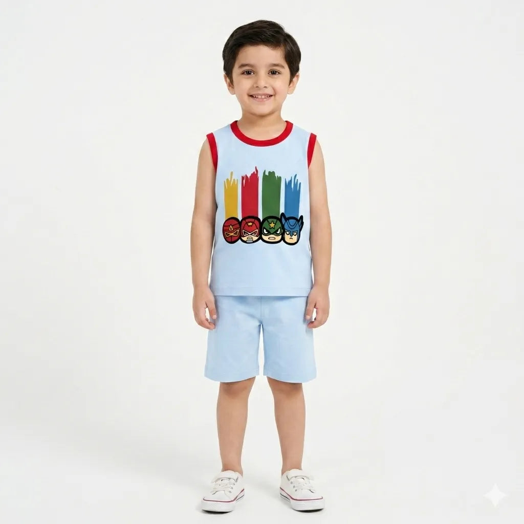 Boys Sky Blue Super Heros Print Summer Coord Set (2-Piece) Age 1 - 12 Years