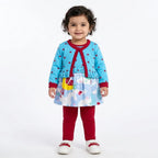 Sky blue frock-style mid-season suiting set for girls, includes three pieces, by Lil' Cubs, featuring a stylish and comfortable design.