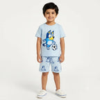 Sky blue Go Bluey summer kids' coord set by Lil’ Cubs, jersey cotton 2-piece outfit with playful design and comfortable fit.