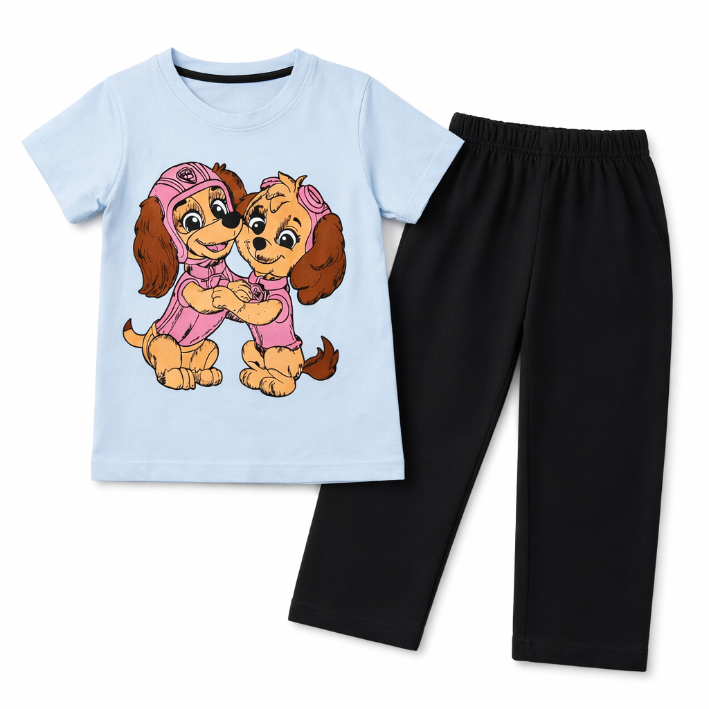 Trendy Kidswear Summer Coord Set - Puuppy Print Kids Outfit - Light Blue Black Coord Set - Top Kidswear Brand Pakistan - Jersey Cotton Fabric - Lil' Cubs