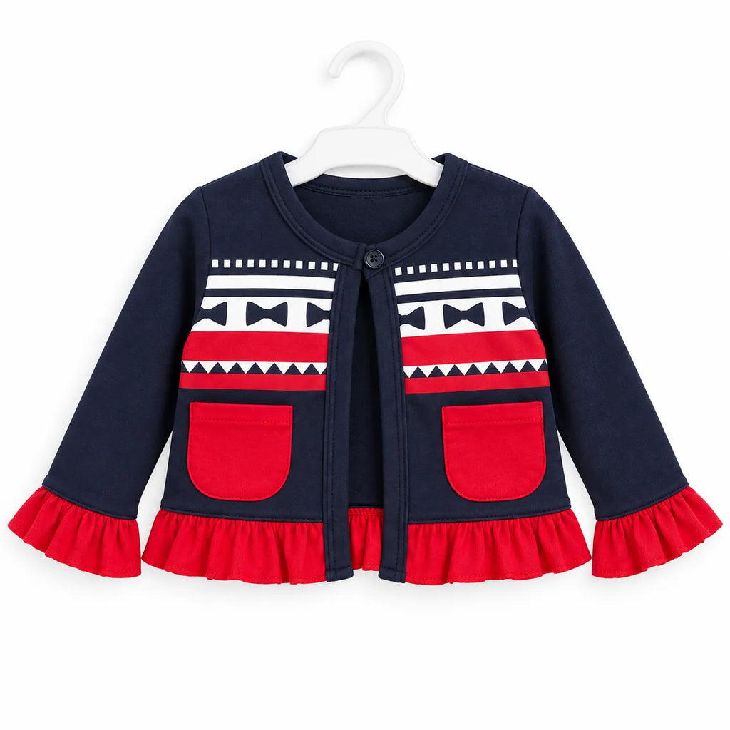 Sky Red & Navy Blue Frock Style Mid Season Suiting Set – 3 Piece