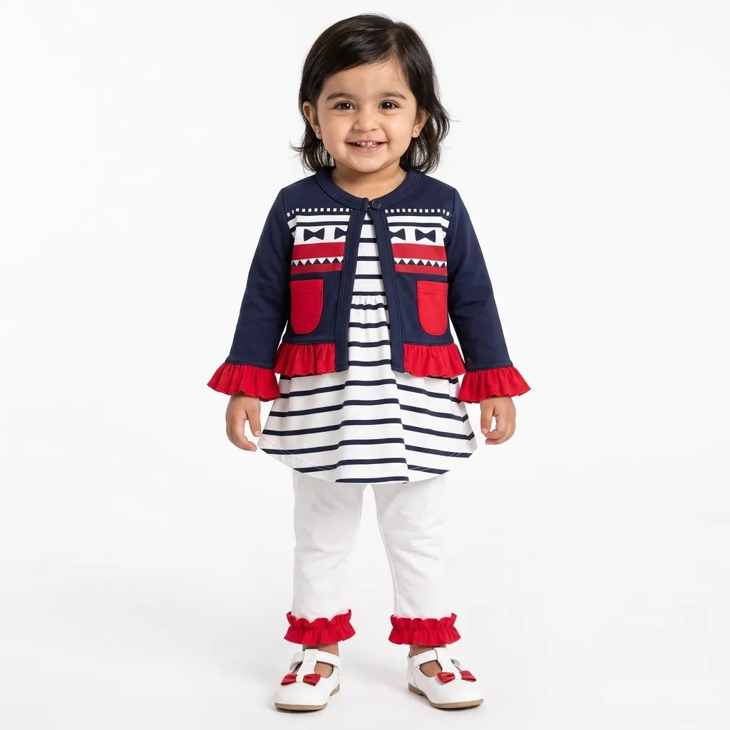 Sky Red & Navy Blue Frock Style Mid Season Suiting Set – 3 Piece
