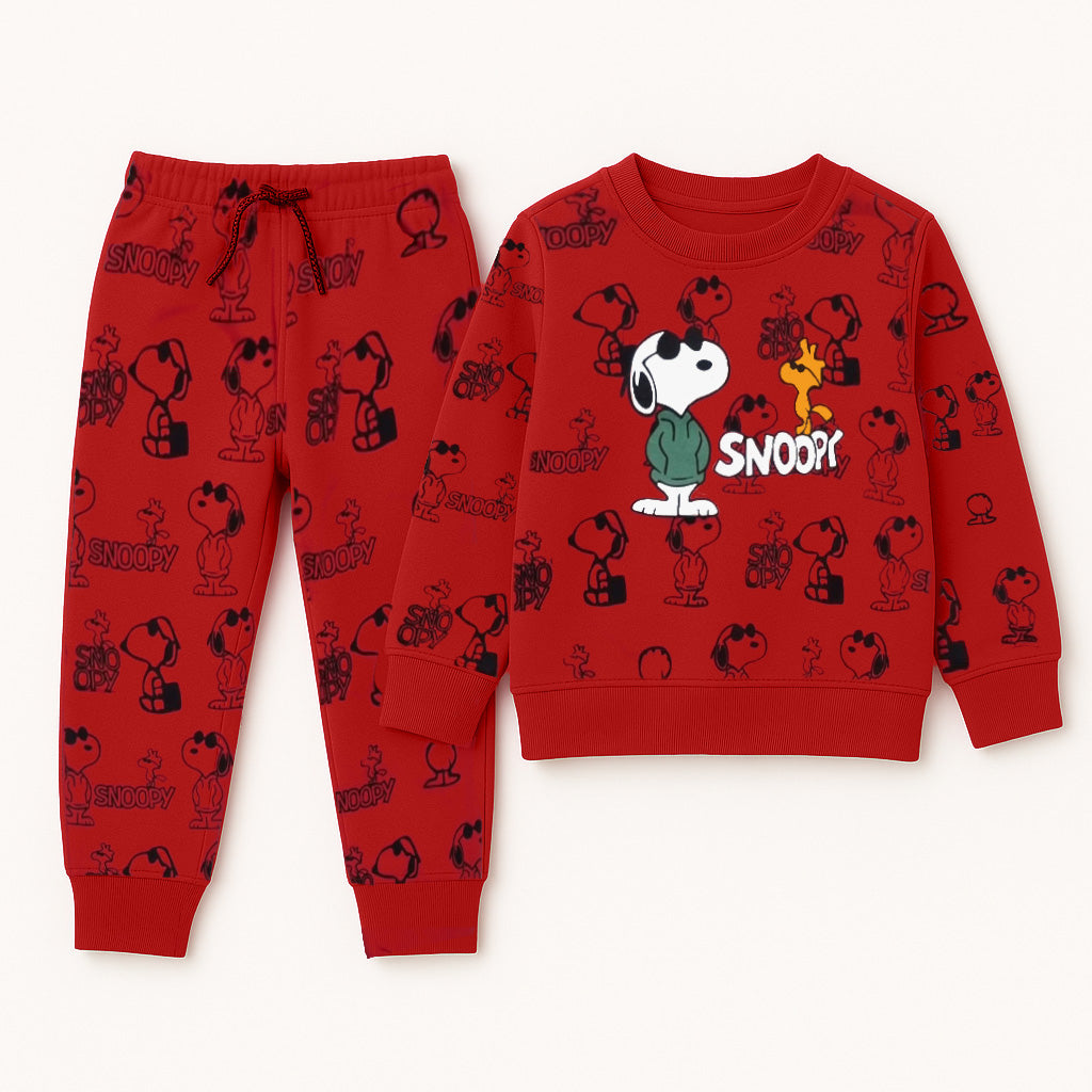 Red Snoopy fleece trouser for kids by Lil' Cubs, featuring Snoopy design, perfect for winter wear for ages 1 to 12.