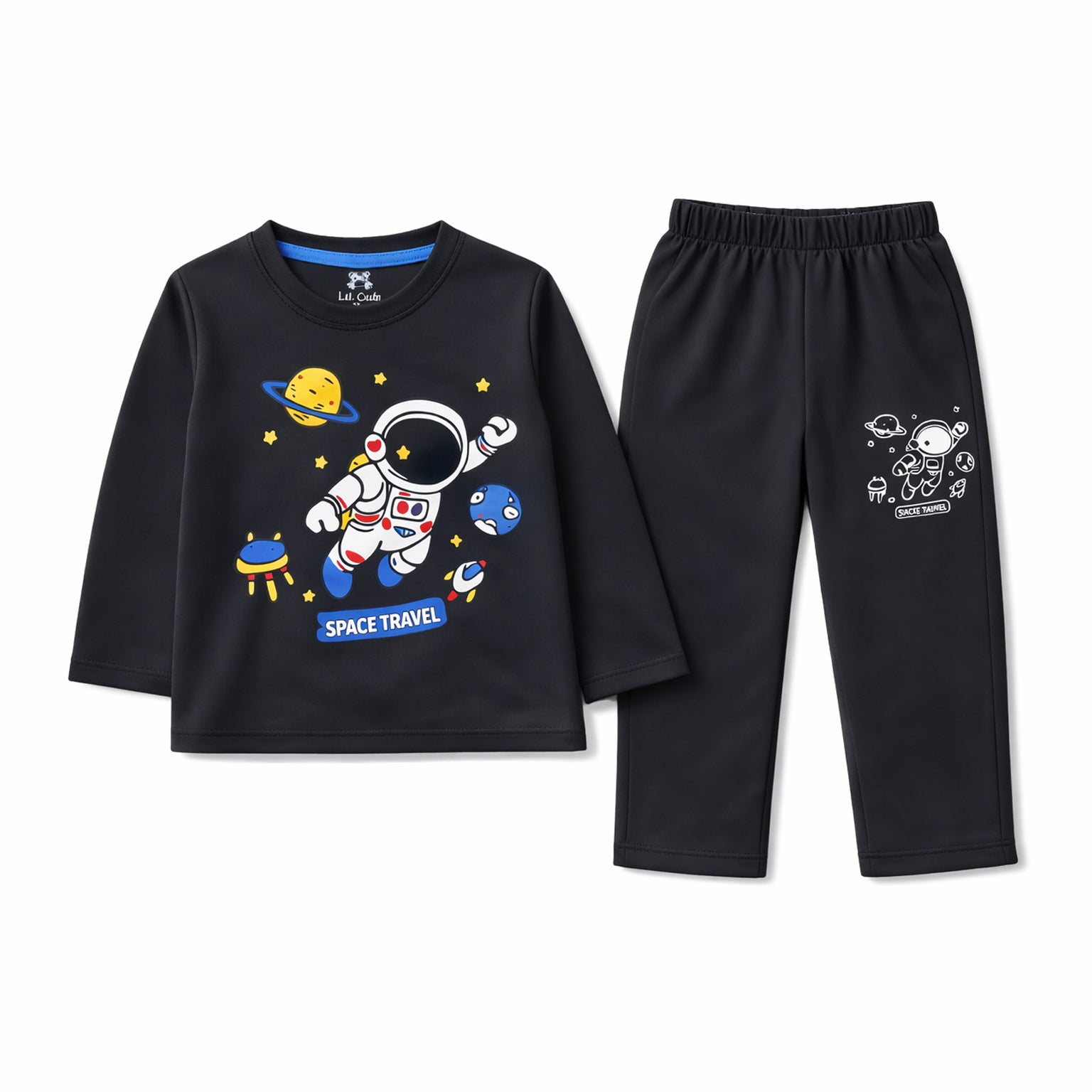 Lil' Cubs space-themed summer 2-piece coord set featuring a fun space travel design for kids.