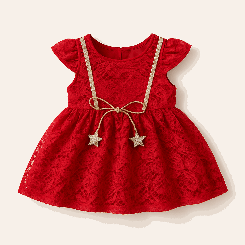 Red lace party frock for baby girls aged 1-3 years with gold star bow design

