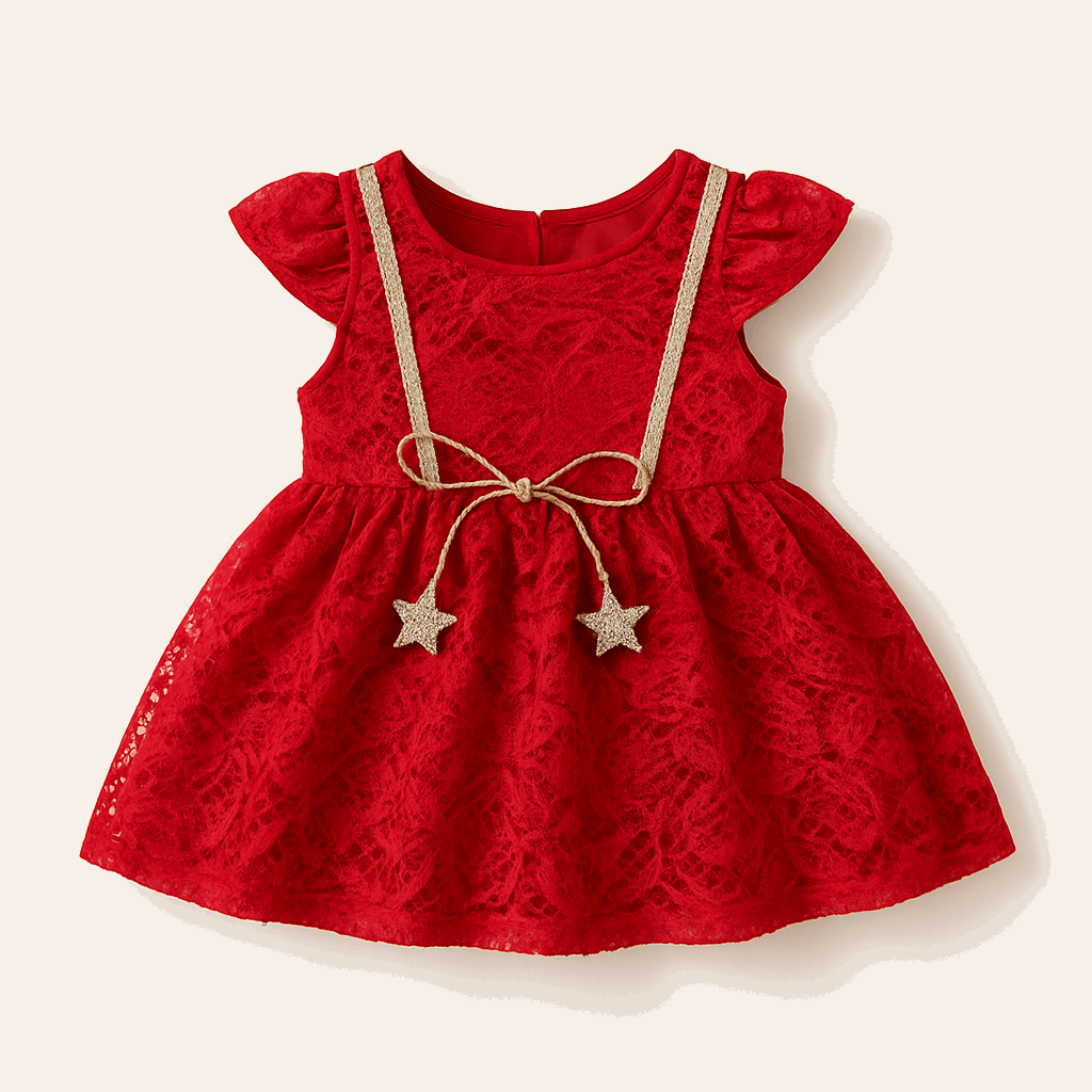 Red lace party frock for baby girls aged 1-3 years with gold star bow design

