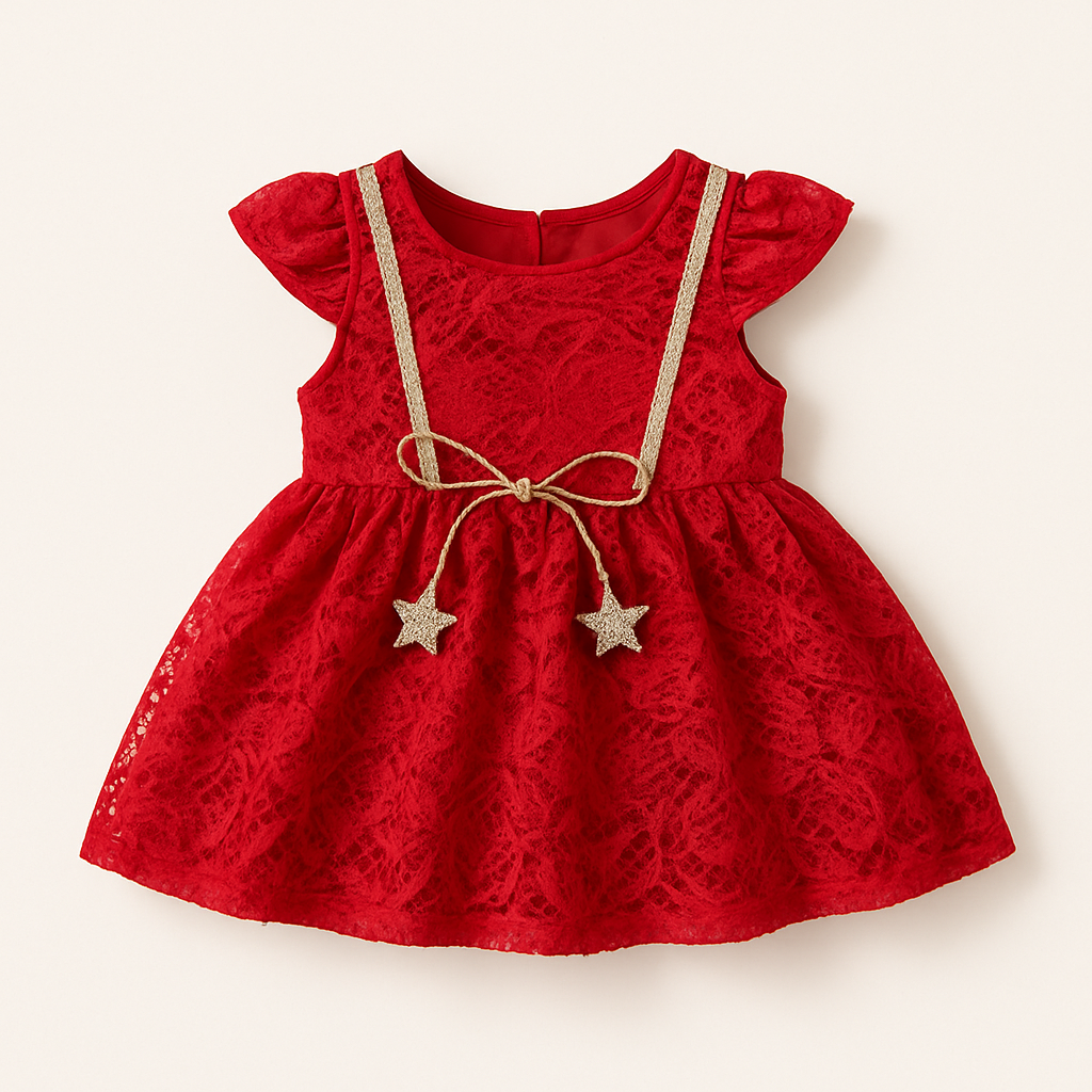 Red lace party frock for baby girls aged 1-3 years with gold star bow design

