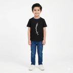 Black cotton kids T-shirt featuring Zulfiqar calligraphy, suitable for ages 1-12, from Lil Cubspk's Muharram edition.