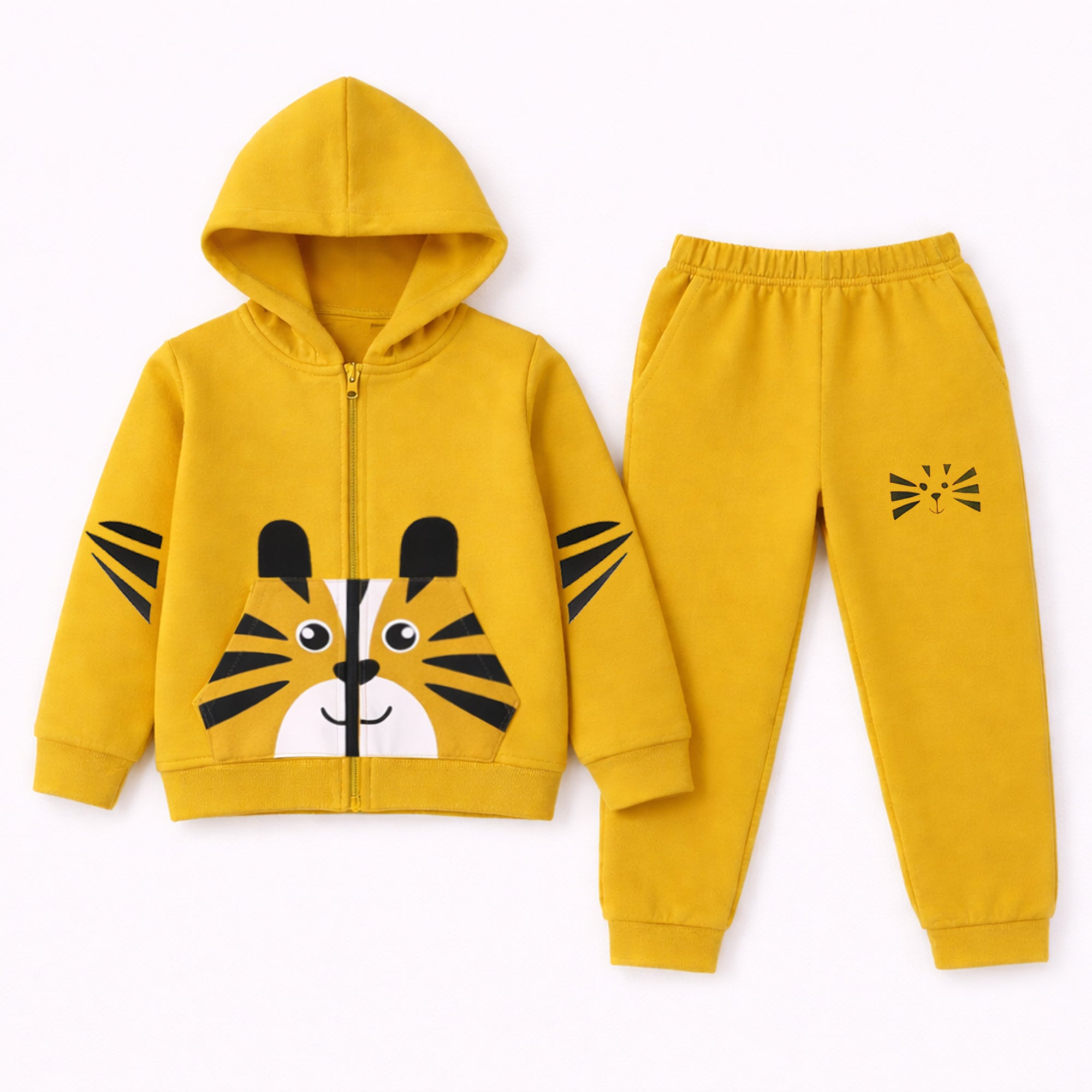 Cute tiger print kids' fleece hoodie and jogger tracksuit by Lil' Cubs, cozy winter outfit for children ages 1 to 12.