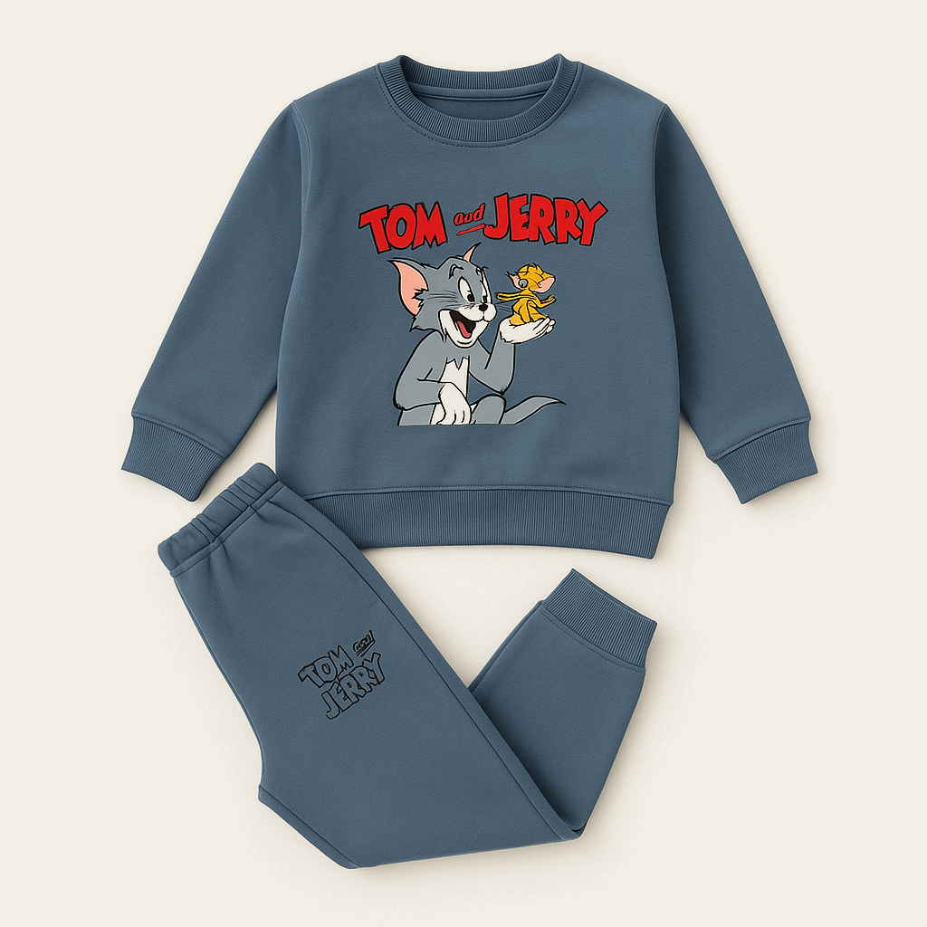 Tom & Jerry cartoon kids tracksuit in blue – sweatshirt and joggers set for boys and girls.