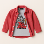 "Tom & Jerry Boys Outfit – White Cartoon T-Shirt with Red Striped Shirt for Kids (1–12 Years)"