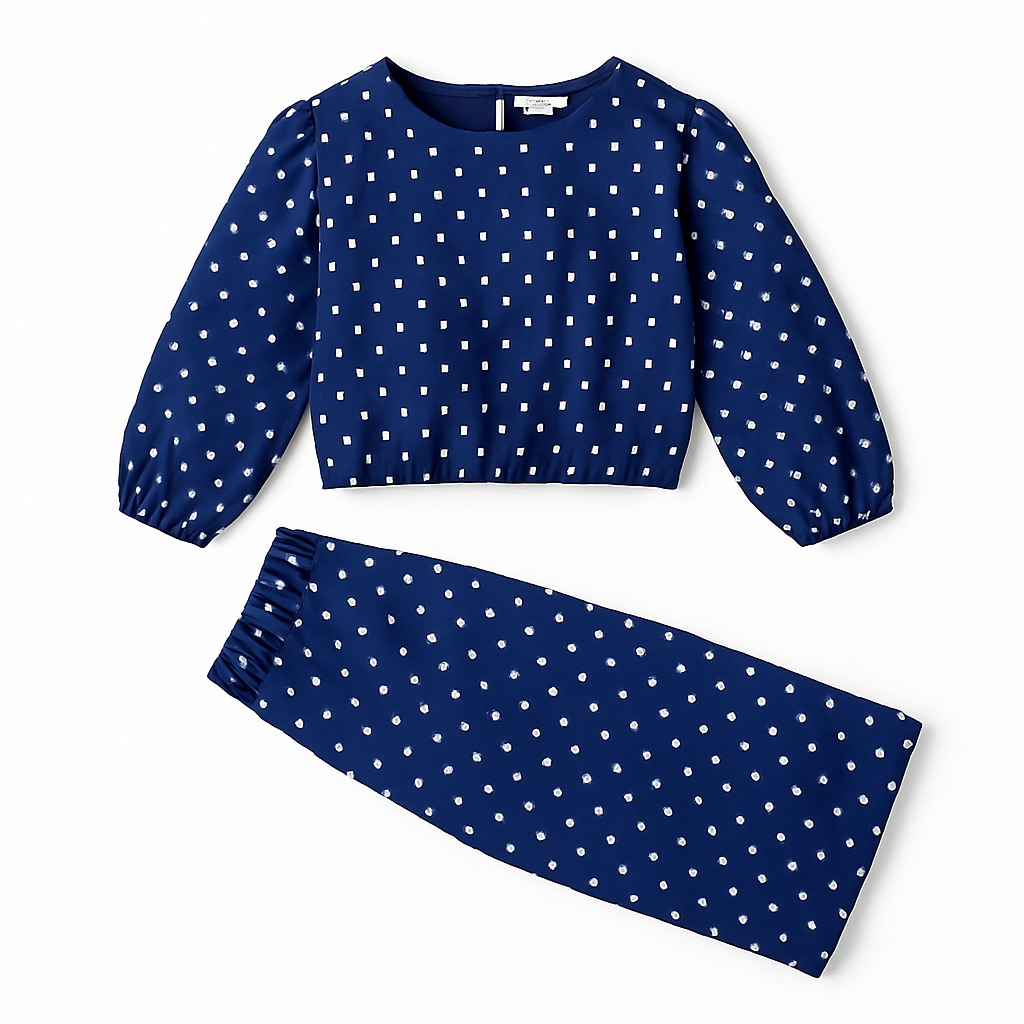 Trendy Polka Dot Co-Ord Set for Girls – Long Sleeve Top with Wide Leg Pants (1-6 Years)

