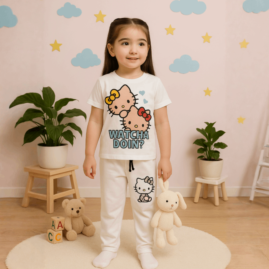 Girls White Two-Piece Cartoon Set – “Watcha Doin?” Print