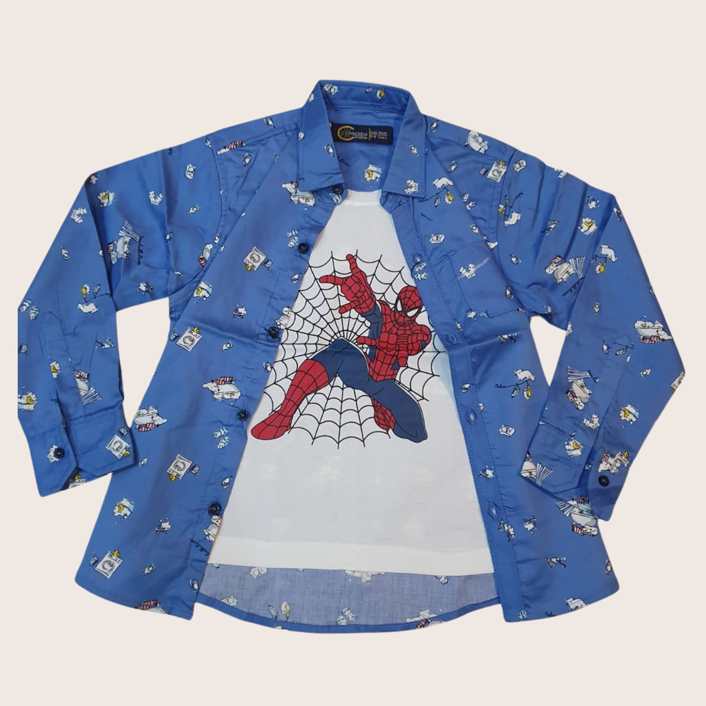 Blue Printed Casual Shirt with Spider Superhero Graphic T-Shirt Outfit