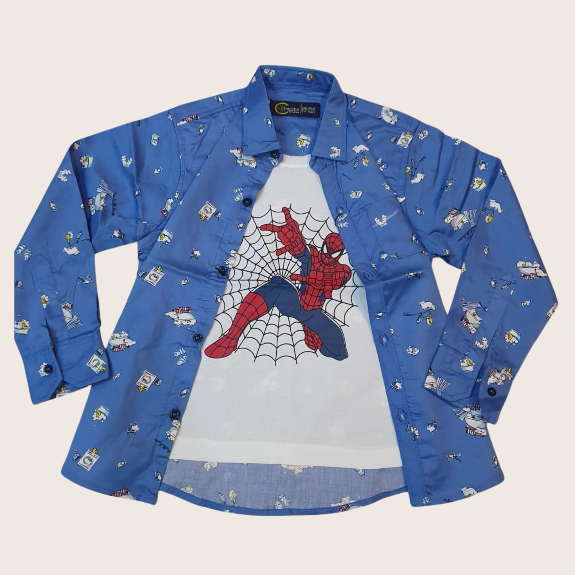 Blue Printed Casual Shirt with Spider Superhero Graphic T-Shirt Outfit - Lil' Cubs