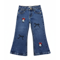 Girls' mid-blue denim jeans by Lil' Cubs with Minnie embroidered design and classic denim styling.
