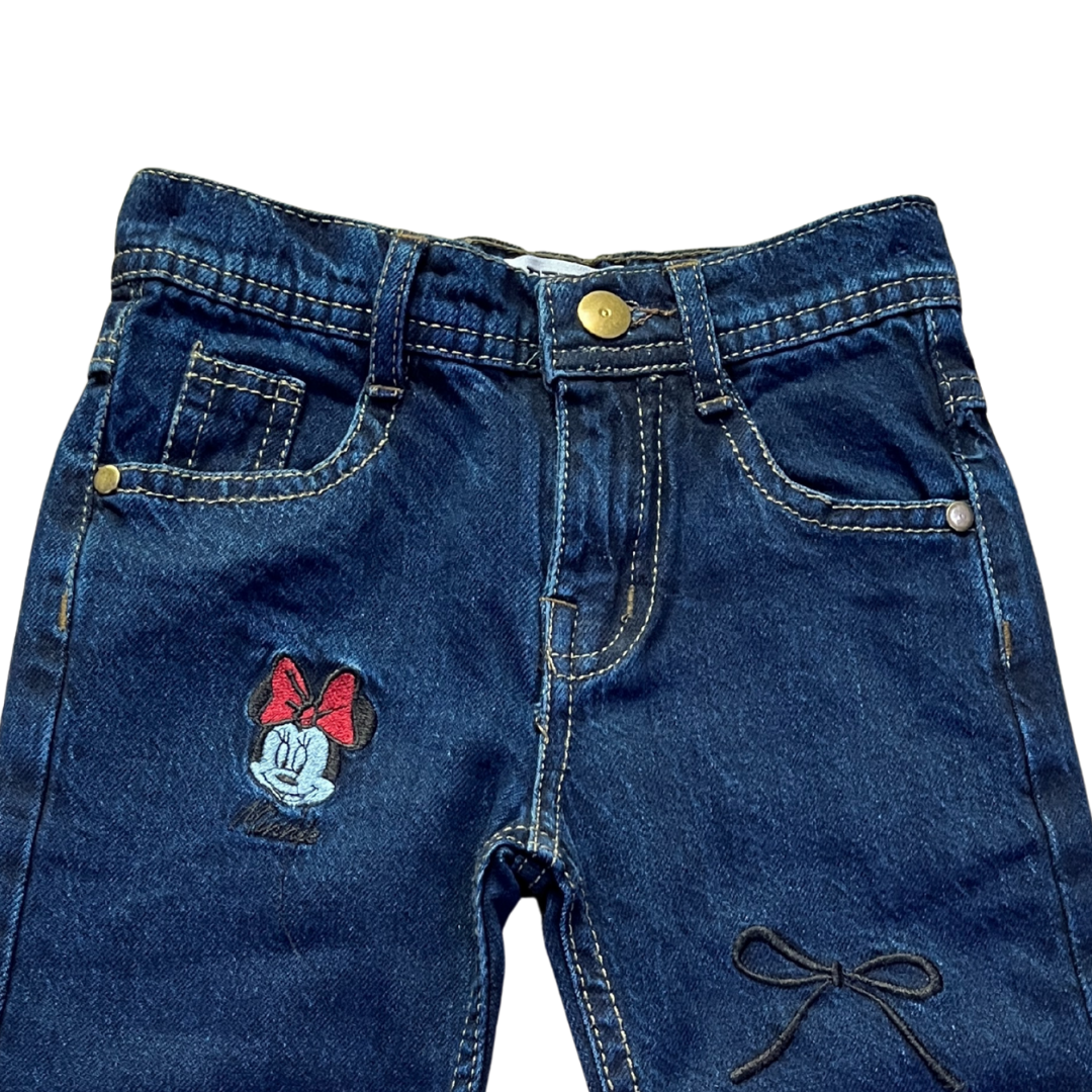 Girls dark indigo denim jeans with Minnie embroidered details by Lil' Cubs, showcasing a stylish and comfortable denim pant.