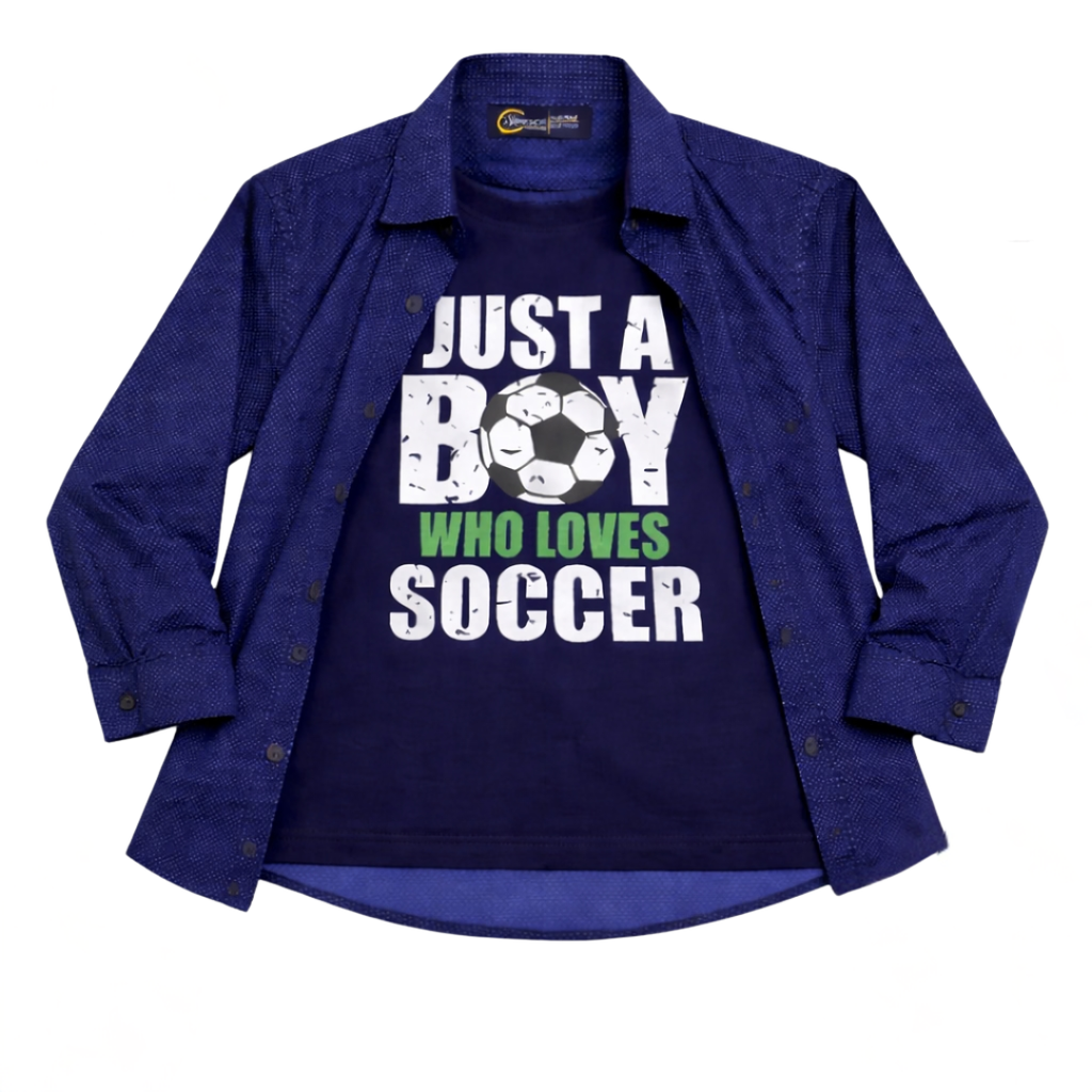 Blue Casual Shirt with Soccer Graphic T-Shirt Outfit