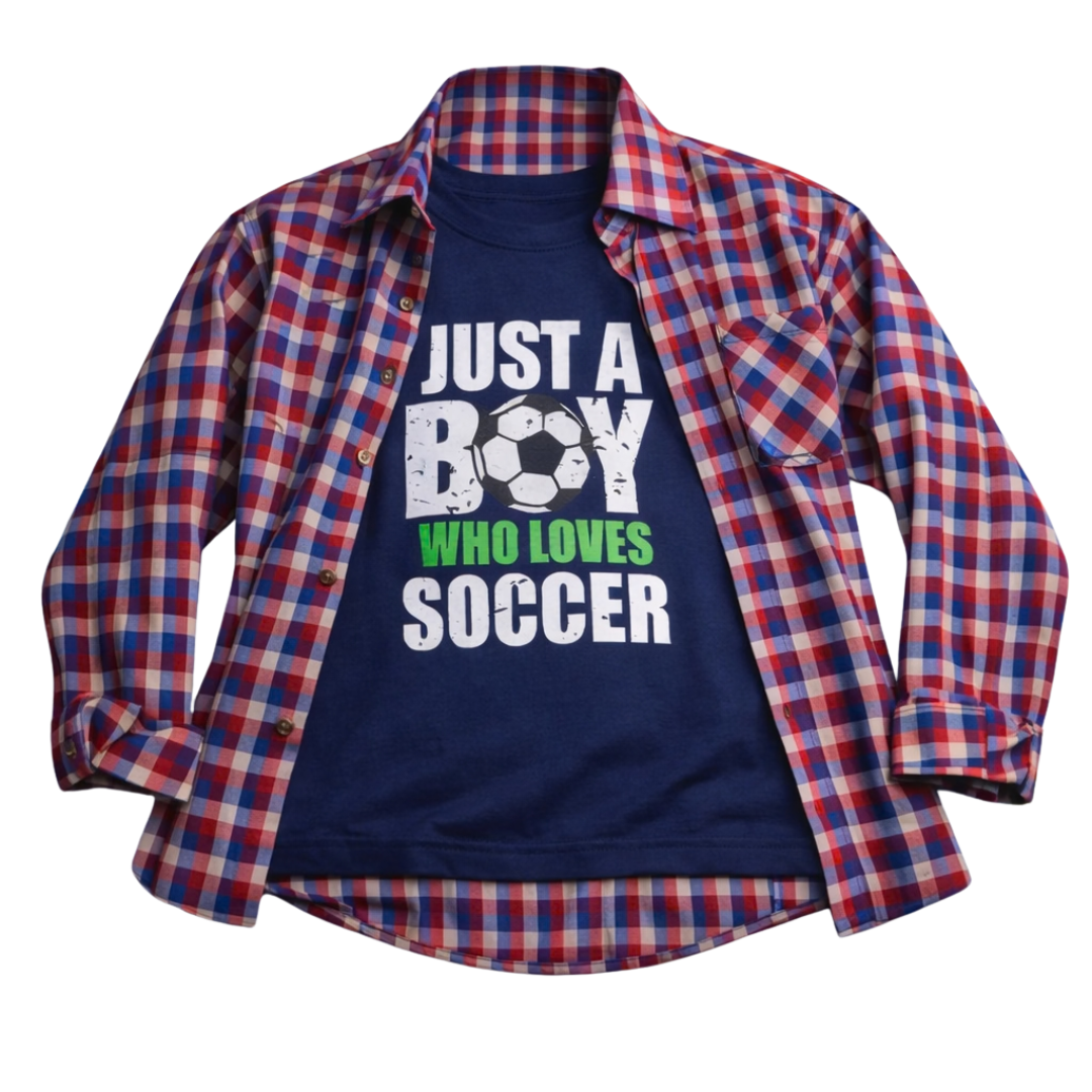 Red Check Casual Shirt with Soccer Graphic T-Shirt Outfit