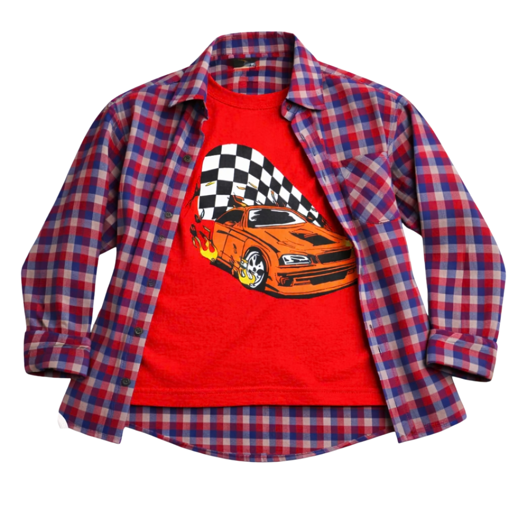 Checked Casual Shirt Racing Car Graphic T-Shirt Outfit - Lil' Cubs