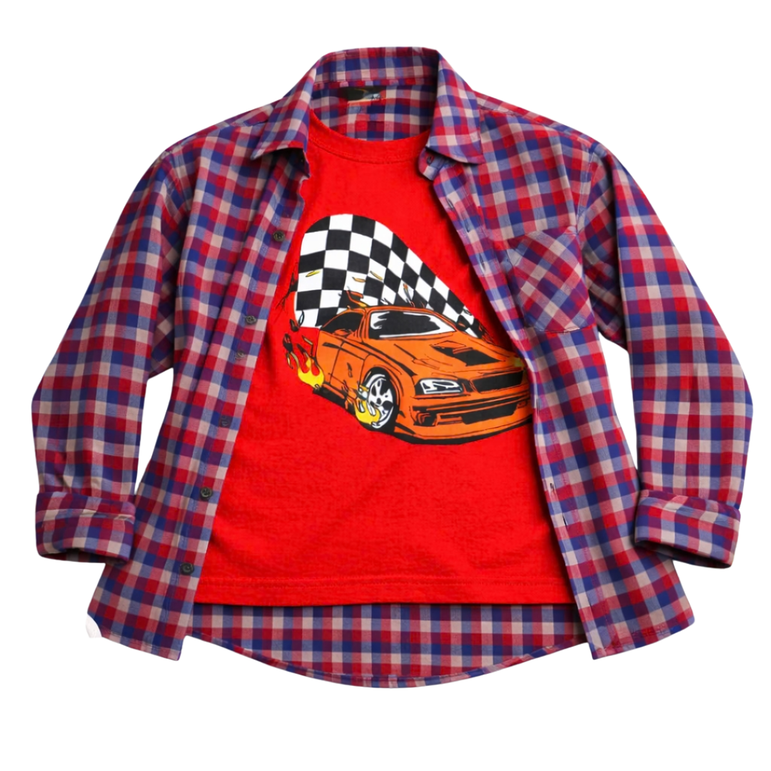 Checked Casual Shirt Racing Car Graphic T-Shirt Outfit