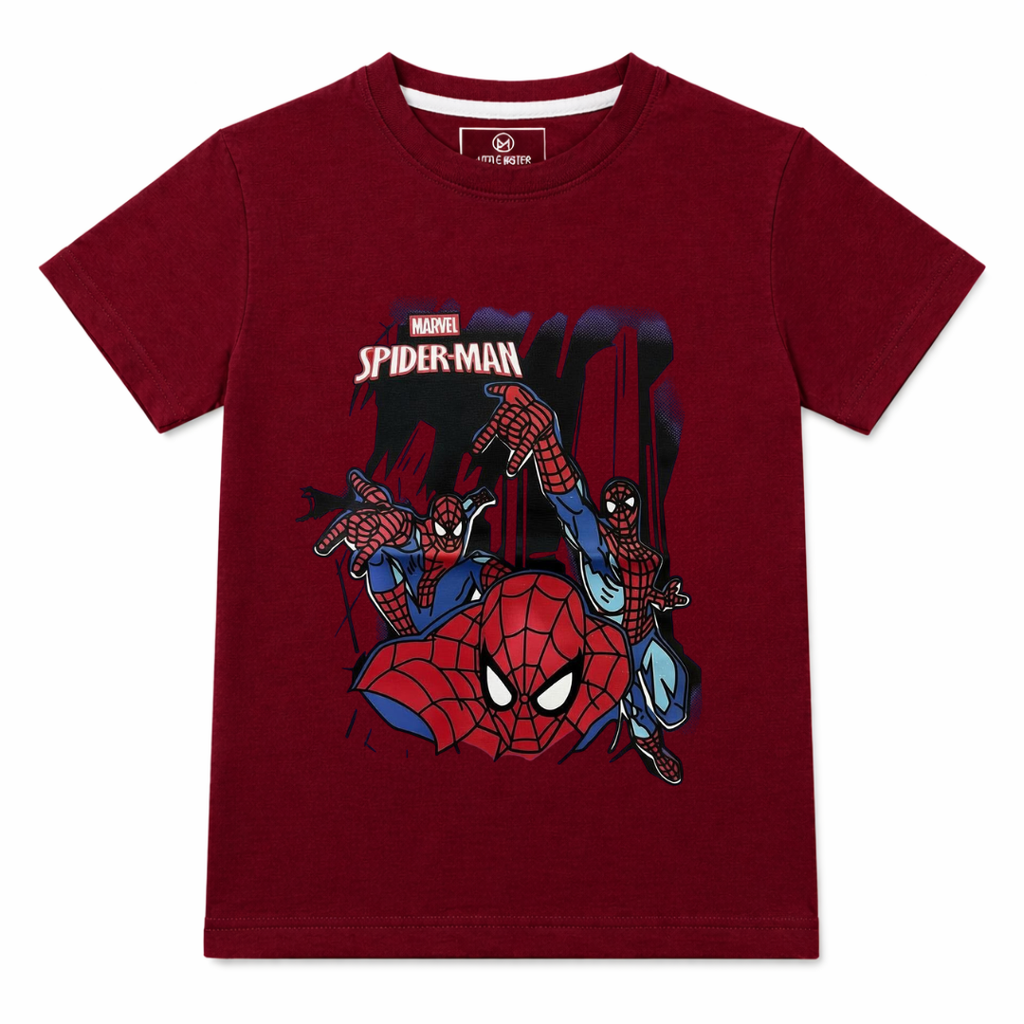 Dark red Spider Summer T-shirt from Lil' Cubs' coord set, featuring a playful spider design on lightweight summer fabric.