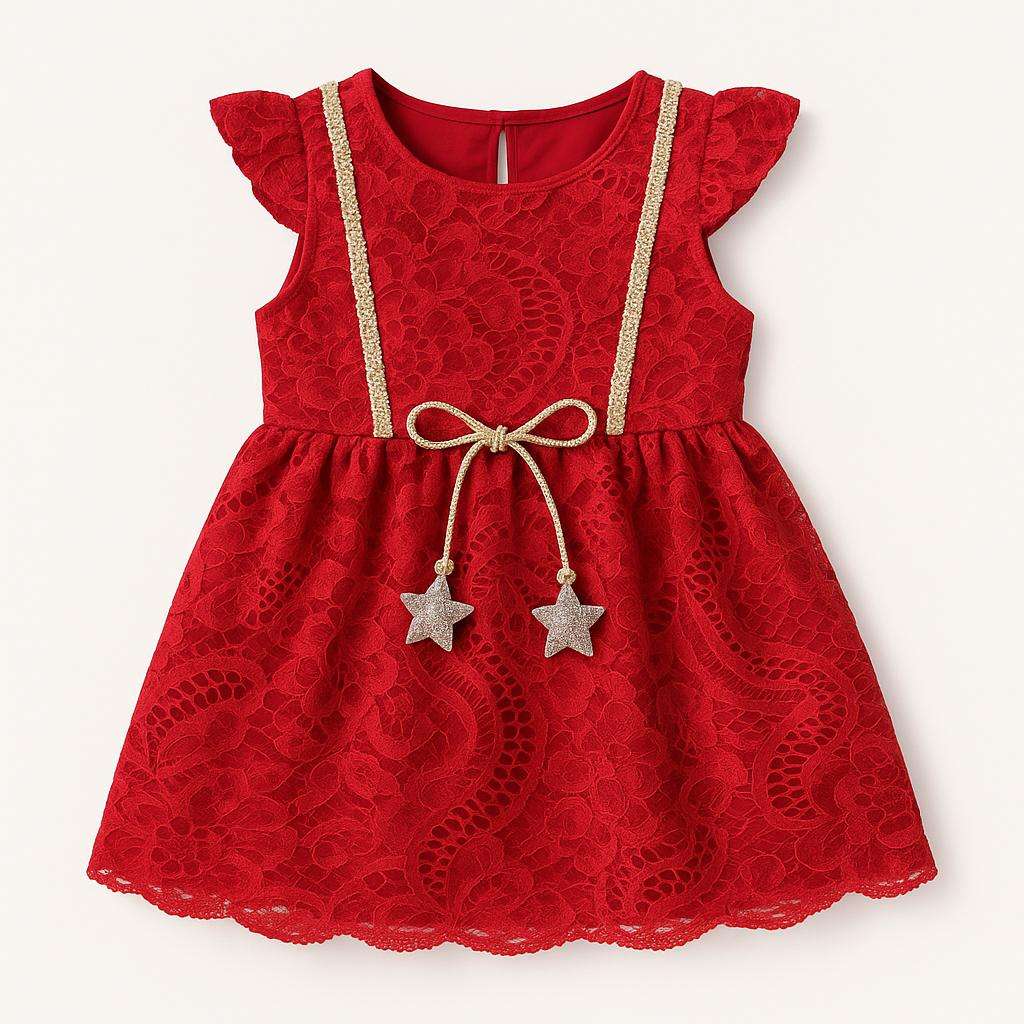 Star Charm Red Lace Baby Dress – Party Wear for Girls (6 Months to 1 Year)