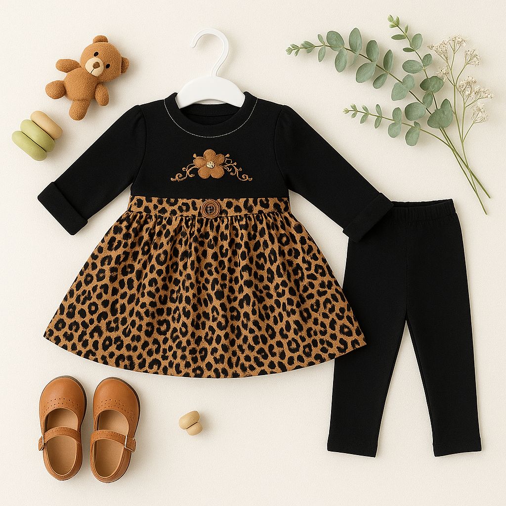 Black & Leopard Print Dress Set with Floral Embroidery - Girls' Two-Piece Outfit