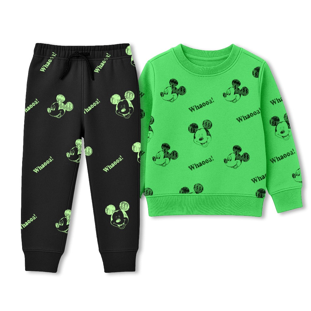 Green & Black Cartoon Printed Kids Tracksuit Set – Winter Wear (1–14 Years)