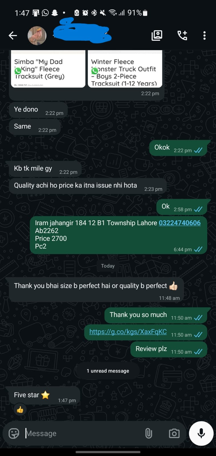Client testimonial image from lilcubspk showing a happy customer giving positive feedback in a WhatsApp chat screenshot.