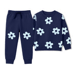 Kids Navy Flower Printed Sweatshirt & Jogger Set with White Sneakers — 2 Piece Outfit