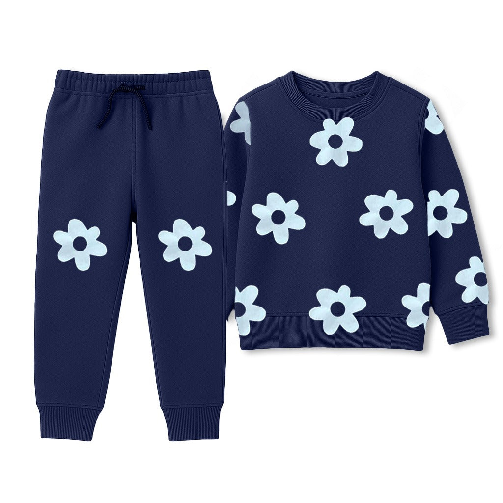 Kids Navy Flower Printed Sweatshirt & Jogger Set with White Sneakers — 2 Piece Outfit