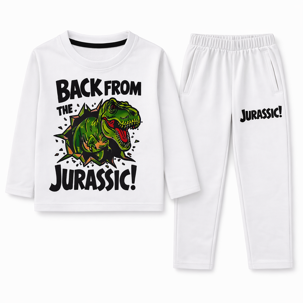 Trendy Kidswear Summer Coord Set - Jurassic Print Kids Outfit - White Coord Set - Top Kidswear Brand Pakistan - Jersey Cotton Fabric - Lil' Cubs