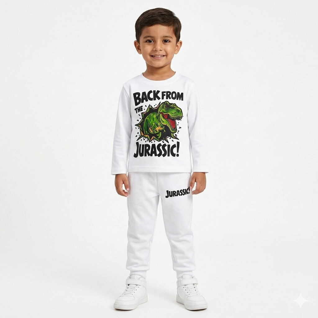 Trendy Kidswear Summer Coord Set - Jurassic Print Kids Outfit - White Coord Set - Top Kidswear Brand Pakistan - Jersey Cotton Fabric - Lil' Cubs
