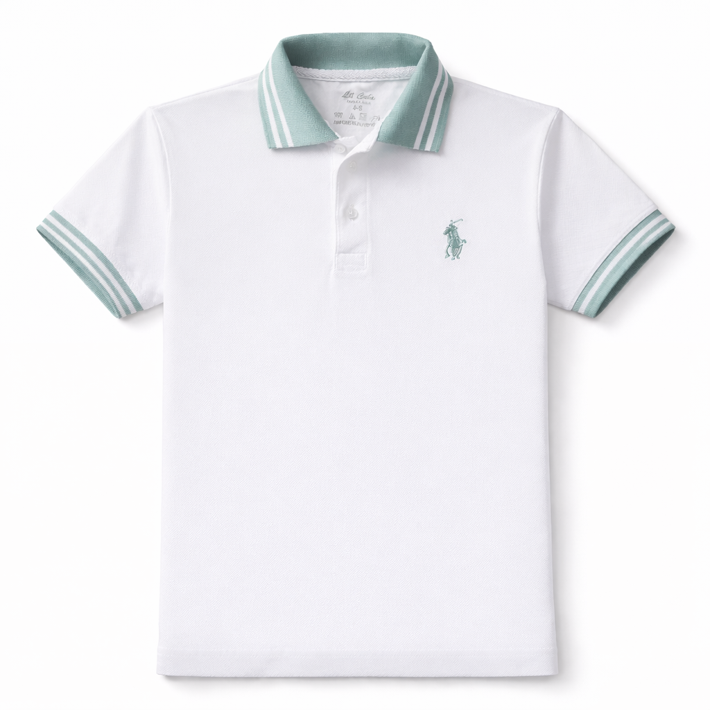 White Polo with Green Lining Shirt - Cotton Fabric - Polo Trending Shirt - Kidswear Brand in Pakistan - Trendy Kids Clothing - Comfortable Summer Outfits