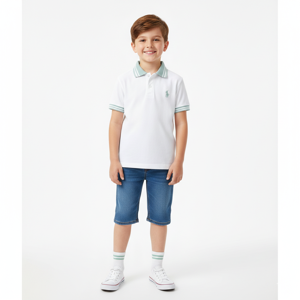 White Polo with Green Lining Shirt - Cotton Fabric - Polo Trending Shirt - Kidswear Brand in Pakistan - Trendy Kids Clothing - Comfortable Summer Outfits