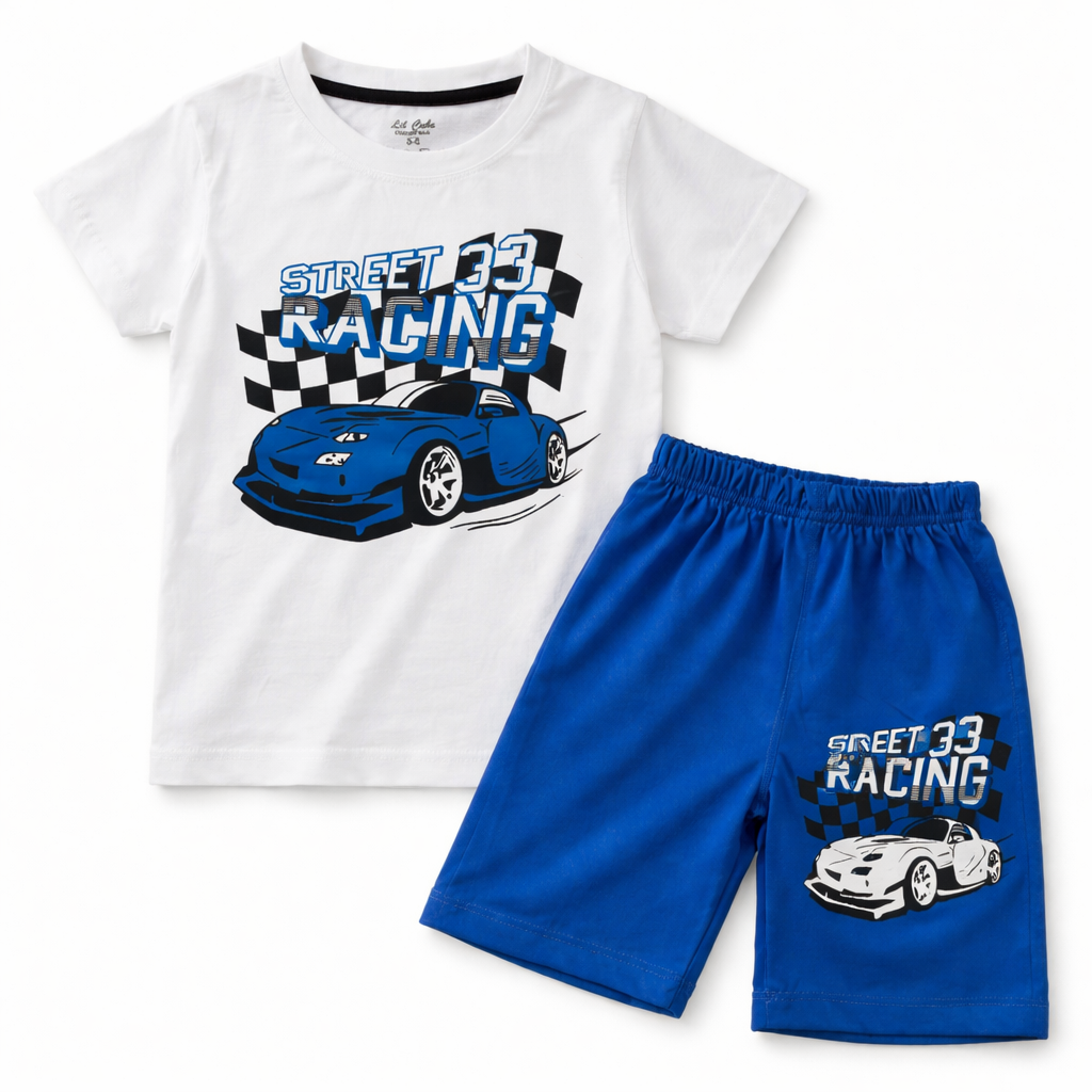Trendy Kidswear Summer Coord Set - Racing Car Print Kids Outfit - White Blue Coord Set - Top Kidswear Brand Pakistan - Jersey Cotton Fabric - Lil' Cubs