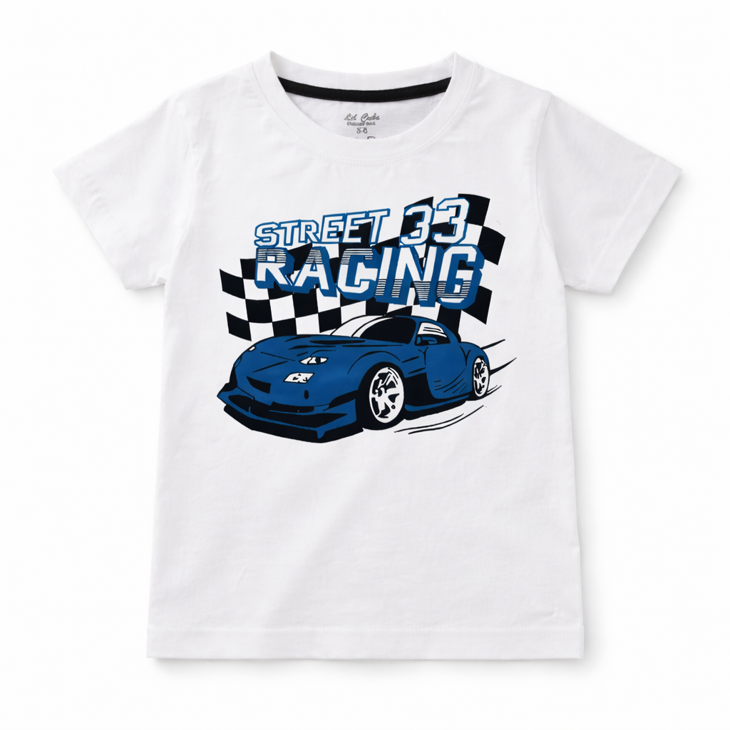 Trendy Kidswear Summer Coord Set - Racing Car Print Kids Outfit - White Blue Coord Set - Top Kidswear Brand Pakistan - Jersey Cotton Fabric - Lil' Cubs