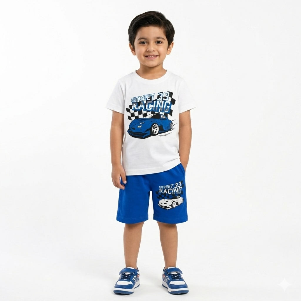 Trendy Kidswear Summer Coord Set - Racing Car Print Kids Outfit - White Blue Coord Set - Top Kidswear Brand Pakistan - Jersey Cotton Fabric - Lil' Cubs