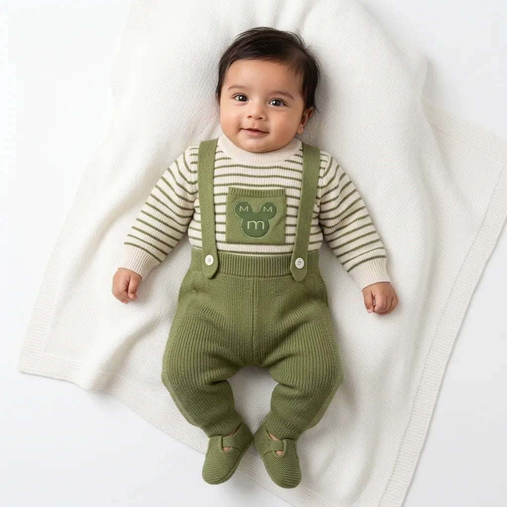 Winter Green Mickey Dangri Romper (Size 0 - 18 Months)