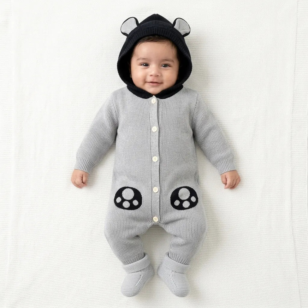 Winter Grey & Black Panda Romper (Size 0 - 18 Months)