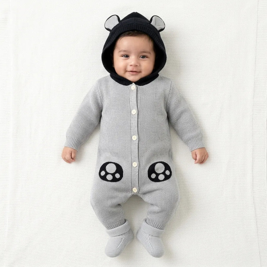 Winter Grey & Black Panda Romper (Size 0 - 18 Months)