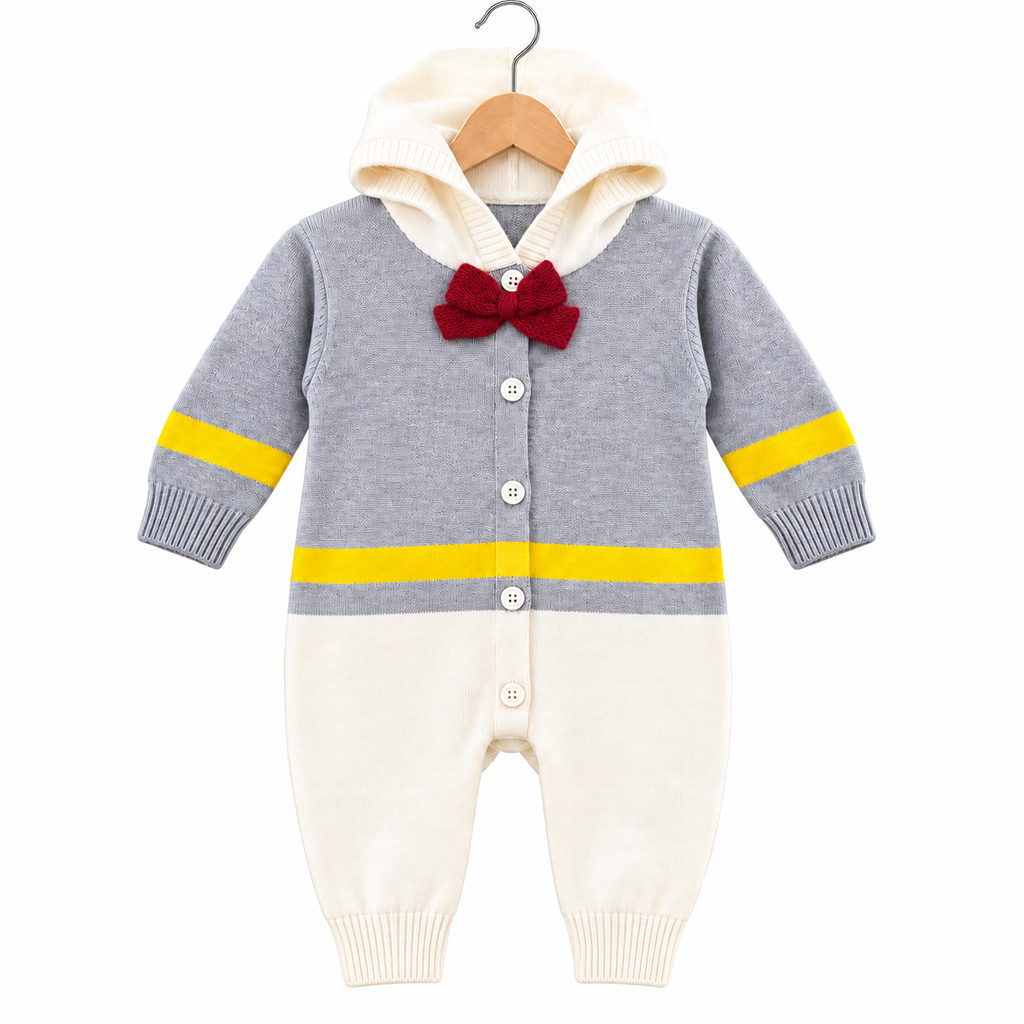 Winter Grey & White Bow Romper (Size 0 - 18 Months)