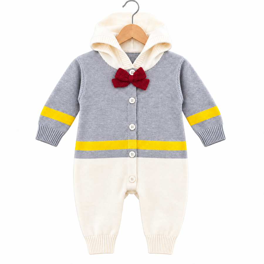 Winter Grey & White Bow Romper (Size 0 - 18 Months)