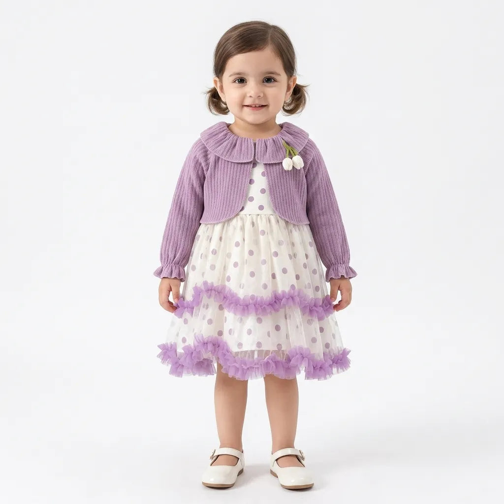 Winter Purple Polka Dot Frock (Size 6 Months - 3 Years)